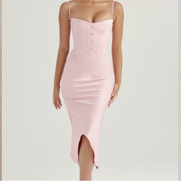 House of CB NEW  'IMOGEN' ROSE PINK SATIN CORSET MIDI DRESS- - Picture 2 of 10